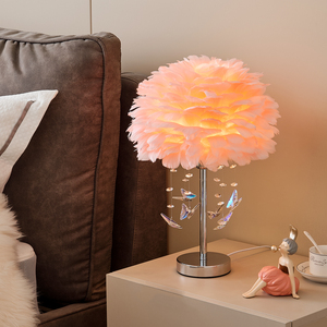 Feather Table Lamp With Crystal Butterflies LED Warm <b>Light</b> Bedroom Bedside Decoration Creamy Style Romantic Atmosphere Lamp - Product Image 2
