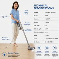 Aspirateur balai électrique filaire 600W 2-en-1, portatif et vertical, sans sac, cyclonique, filtration 5 étapes, lumières LED, aspiration >90AW