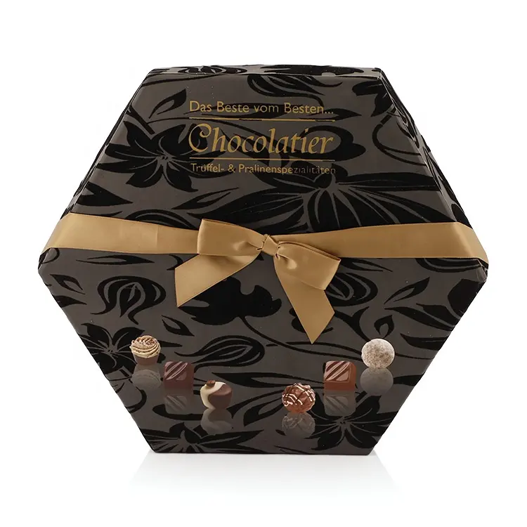 ギフトボックス段ボールクラフト印刷チョコレート包装ボックスリボン付き六角形紙食品リジッドボックス板紙モダンラグジュアリー