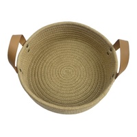 Paniers ronds mignons de corde de jute de coton pour le stockage Brown avec la poignée en cuir