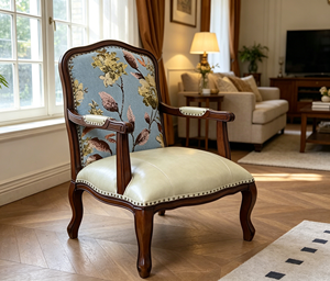Fauteuil d'appoint en bois massif bicolore avec dossier en tissu floral, assise en PU crème, garniture à rivets et pieds cabriole pour salon - Product Image 4