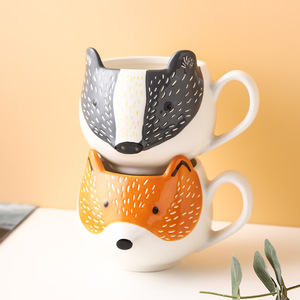 Lelyi-Taza de cerámica con dibujos animados, tazón creativo pintado a mano con animales, zorro, mapache, gato, búho - Product Image 4