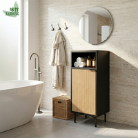 Meuble de rangement écologique en bambou avec portes cannelées, armoire de salle de bain, niche ouverte, pieds surélevés en métal, mobilier d'appartement, directement de l'usine