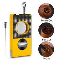 Coupe-cigares multifonctionnel 5 en 1 portable classique jaune en acier inoxydable avec coupe en V, coupe droite, poinçon à cigares et support