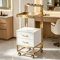Chariot de Salon de Luxe en Bois Blanc et Doré avec Tiroirs et Roulettes pour Coiffure, Esthétique et Spa
