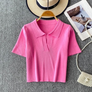Chic d'été : T-shirt court en maille côtelée extensible pour <span class=keywords><strong>femme</strong></span> - Haut polyvalent à manches courtes - Product Image 3