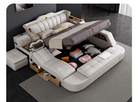 Modernes Luxus-Smartbett Multifunktionales Kingsize-Lederbett mit Stauraum, Schminktisch, Verstellbarer Kopfstütze, Sicherem Holzrahmen und Massagefunktion