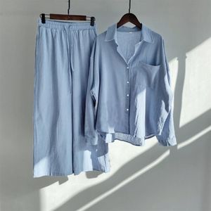Completo <span class=keywords><strong>Donna</strong></span> Primavera Autunno: <span class=keywords><strong>Pantaloni</strong></span> a Vita Alta Larghi in Cotone <span class=keywords><strong>Lino</strong></span> e Camicia, Stile Retrò, Taglie Forti - Product Image 1