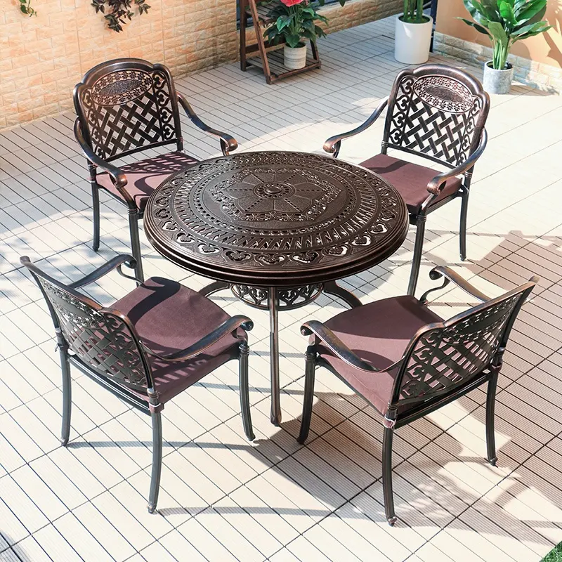 Modern dökme alüminyum Metal dış mekan yemek masası set açık veranda mobilya takımı bahçe Bistro masa ve sandalyeler