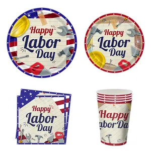 Labor Day Happy Party Theme Decoration Disposable Tableware Set Paper Tray Tissue Party Supplies