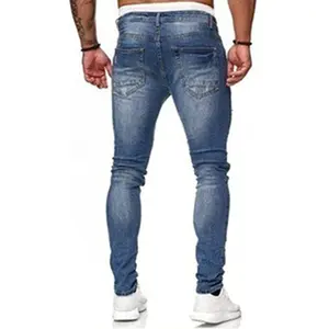 Men's Blue Slim Fit Jeans Stretch Destroyed Ripped Skinny Jeans Side Striped Denim Pants