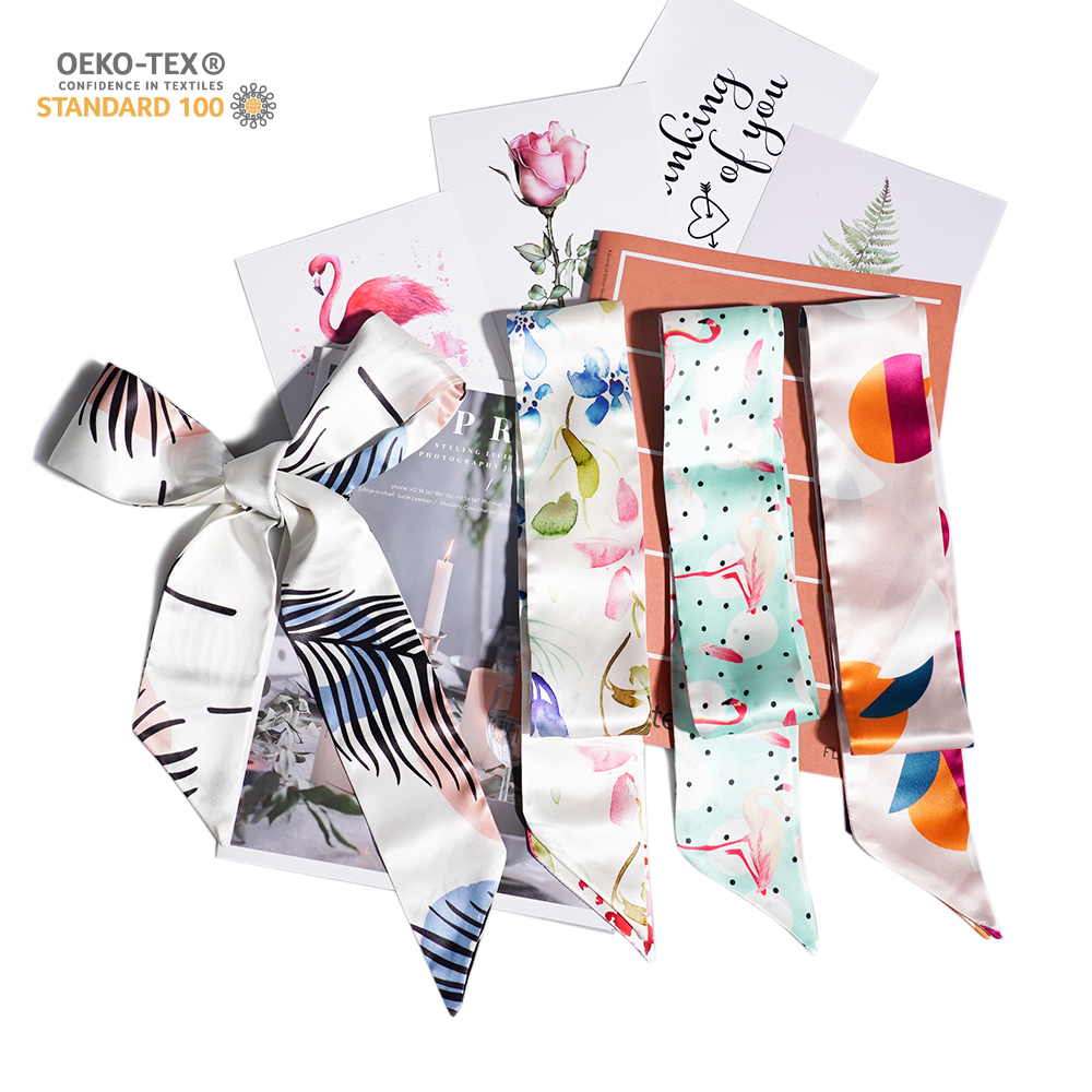 Принт 100% шелковые женские волосы, гладкие прямые волосы, узкая лента моды лента шелковый атлас шарф