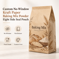 Sachet personnalisé en papier kraft sans fenêtre, scellé sur huit côtés, pour mélange de poudre à pâtisserie, pour la vente au détail et en gros