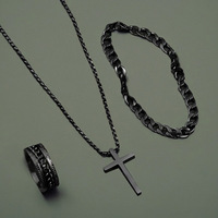 Ensemble de Bijoux Homme Mode 3 Pièces Hip Hop, Chaîne Cubaine, Collier Croix, Bracelet et Bague, Plaqué Or en Alliage