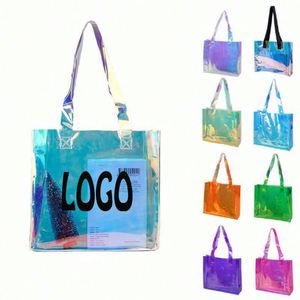Bolsa de Compras de Plástico Brillante, PVC, Transparente, Holográfica, Iridiscente, para Playa, Moda Femenina, con Logotipo Personalizado Impreso, Asa Larga Doble - Product Image 2
