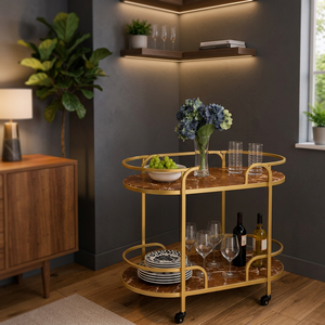 Chariot de bar minimaliste à double niveau avec roulettes, plateau en marbre et structure dorée pour le rangement des boissons dans la cuisine - Product Image 4