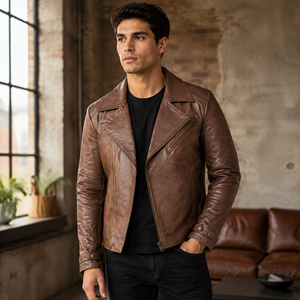 <b>Men's</b> Genuine Leather Asymmetrical Zip Biker <b>Jacket</b> Vintage Brown Motorcycle Coat Quilted Sleeve Moto Outerwear - Product Image 5