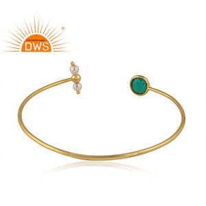 Popular Design Green Onyx and Pearl Gemstone Bangle Gold Plated <b>Silver</b> Sleek <b>Cuff</b> Bangle Jewelry Manufacturer - Product Image 3