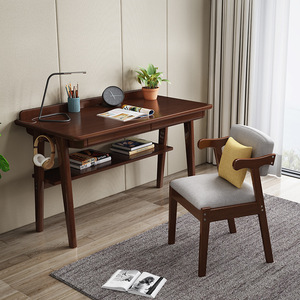 Solid Wood <b>Desk</b> With Bookshelf 0.8m 1m 1.2m 1.4m Natural Walnut Color Home Office Study <b>Computer</b> <b>Desk</b> Chair Set - Product Image 2