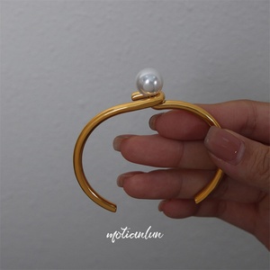 Minimalist Jewelry <b>Gold</b> Plated Stainless Steel <b>Adjustable</b> Pearl Charm Cuff Bangle <b>Bracelet</b> - Product Image 6