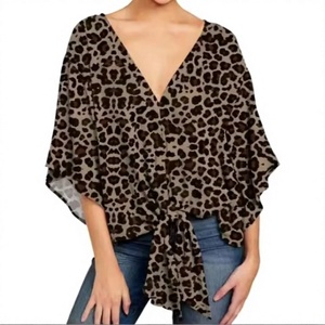 Women Leopard Print V Neck Tie Front Blouse 3/4 Sleeve <b>Chiffon</b> Loose Casual Daily Wear - Product Image 4