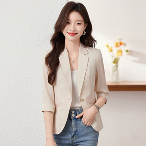 Women's Blazer Beige Three Quarter Sleeve Lightweight Solid Color Breathable Summer Style - Product Image 1