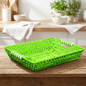 Green Woven Bread Fruit Serving <b>Basket</b> Rectangular Natural Palm Leaf Tableware Storage <b>Tray</b> with Handles Factory Price - Product Image 1