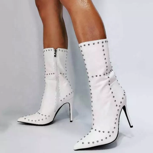 Botas de media caña para mujer con remaches, tacón alto y fino, punta afilada y cremallera lateral, talla grande 47 - Product Image 4