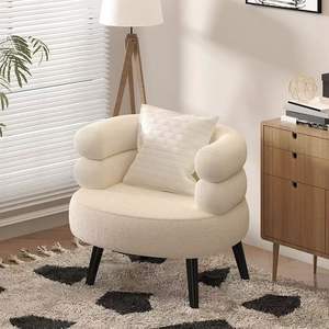 Fauteuil pouf en laine d'agneau blanc cassé capitonné avec dossier, chaise de chambre et tabouret de maquillage - Product Image 1