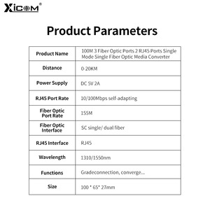 Convertidor de Medios de Fibra Óptica XICOM 100M, 3 Ópticos, 2 RJ45, Monomodo SC 1310/1550nm, Distancia de 20KM - Product Image 1