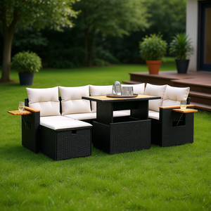 Ensemble de canapés de jardin en rotin noir avec structure en acier thermolaqué et meubles d'extérieur en bois d'acacia pour usage extérieur - Product Image 2