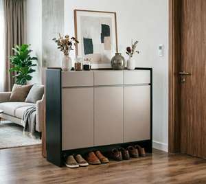 Meuble à chaussures moderne et fin, écologique, réglable, avec rangement inférieur ouvert, organisateur <span class=keywords><strong>d</strong></span>'entrée à 3 portes, finition beige et noir, pour salle de sport - Product Image 6