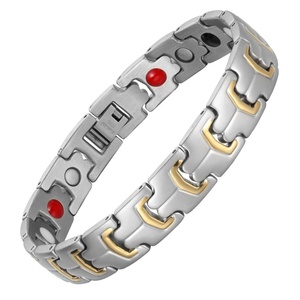 Bracelet de thérapie classique Junhong, plaqué or, en acier inoxydable, chaîne à maillons, unisexe, soulagement de la douleur, arthrite, détoxification lymphatique, tension artérielle - Product Image 1