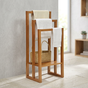 Porte-serviettes moderne en teck à 3 niveaux avec étagère de rangement ouverte en bas - Product Image 1
