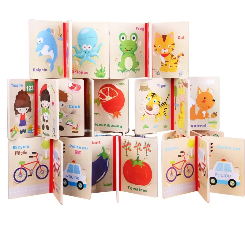 2023 New wooden puzzle book toys for learning English Word with cartoon animal Educational toy for children CE