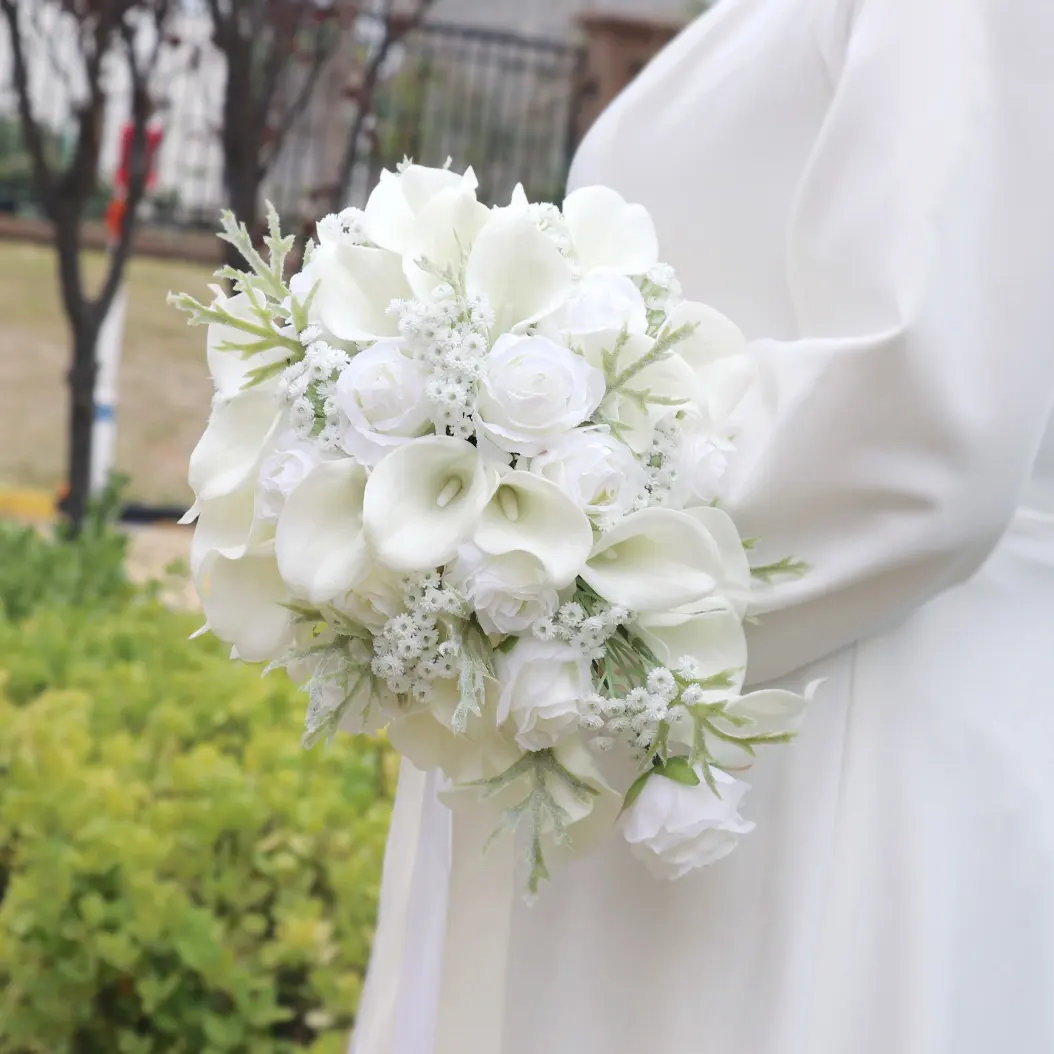 SPH002 Buquê de flores para casamento em cascata PU branco Calla gota de água buquê de flores para casamento