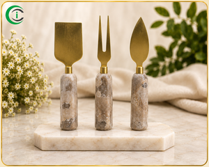 Ensemble de couverts de luxe CCI en marbre beige de 7 pouces avec accents en laiton – Collection de vaisselle haut de gamme pour la maison et la restauration - Product Image 3