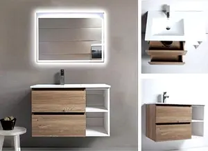 Mueble de pared de baño de madera de melamina con luz LED tocador de baño con espejo