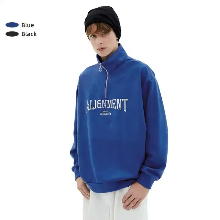 High Quality Custom Stamping Logo Suede Fabric Half Zip Quarter Black Cardigan Men Stand Collar Half Zip Polo Sweatshirt