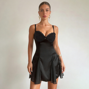 Vestido corto con encaje para mujer, vestido corto sin mangas de color liso, informal, de verano, para mujer - Product Image 1