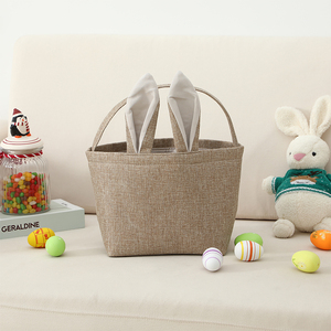 Borsa Personalizzata per Caccia alle Uova di Pasqua in Lino, Decorazioni Pasquali, Secchiello con Manico e Coda di Coniglio - Product Image 1