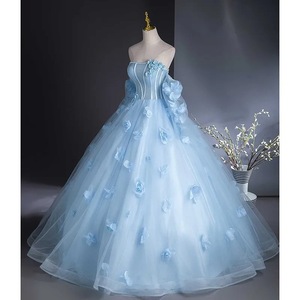 Light Blue Ball Gown Wedding Dress Strapless Empire Waist Tulle Floral Print Chic Bridal Gown - Product Image 2
