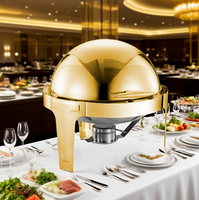 Calentador de Comida Tipo Chafing Dish de Acero Inoxidable Dorado de 6L, Venta Directa de Fábrica, con Tapa Visible, Diseño Moderno y Acabado Espejo, Funciona con Alcohol