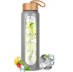 Bottiglia d'acqua in vetro a bocca larga con indicatore del tempo trasparente da 1000ml di vendita calda con custodia in silicone