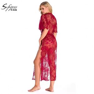 B017 Camisón Sexy de Encaje Transparente con Escote Profundo en V y Media Manga, Elegante y Tentador con Abertura Alta, Lencería Femenina de Tul - Product Image 2