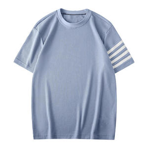 T-shirt unisexe en gros avec logo personnalisé brodé - T-shirt en maille gaufrée lourde à manches rayées, coupe ample, design vierge - Product Image 2