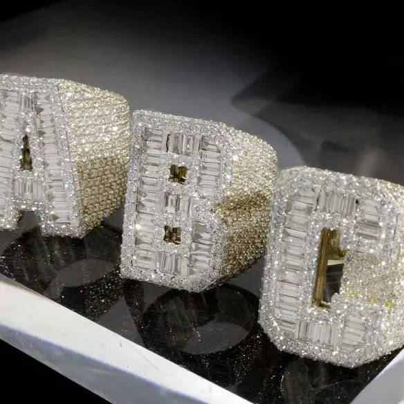Оригинальные кольца ABC Moissanite 925 серебряных VVS багет Moissanite со льдом из хип-хопа с буквами, мужские кольца чемпионата