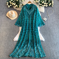 Robe Abaya longue pour femmes musulmanes, style vintage, avec imprimé transfert strass, col en V, manches évasées, coupe ample