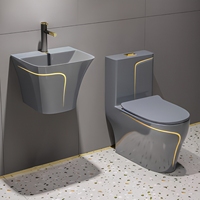Ensemble WC monobloc de luxe moderne sur pied avec chasse double, lavabo en céramique écologique et réservoir encastré