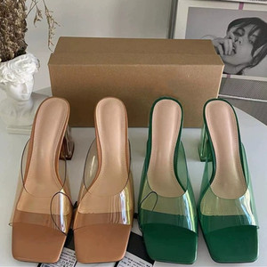 Sandales à talons hauts transparentes en PVC à bout carré et bride unique pour femmes, sandales mules à talon épais en cristal - Product Image 1